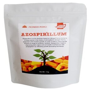 Pioneer Agro Azospirillum bio-fertilizer 1 kg resealable pouch featuring a plant graphic on a white background.