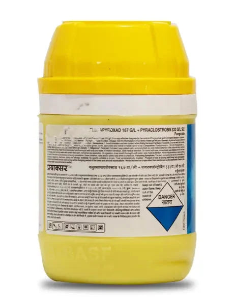 BASF Priaxor fungicides bottle label showing general information-chemical composition and direction of use details in english and hindi