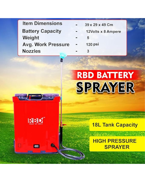 RBD 18L Battery Sprayer – 12V 8Ah Battery with Single Motor & 3 Nozzles