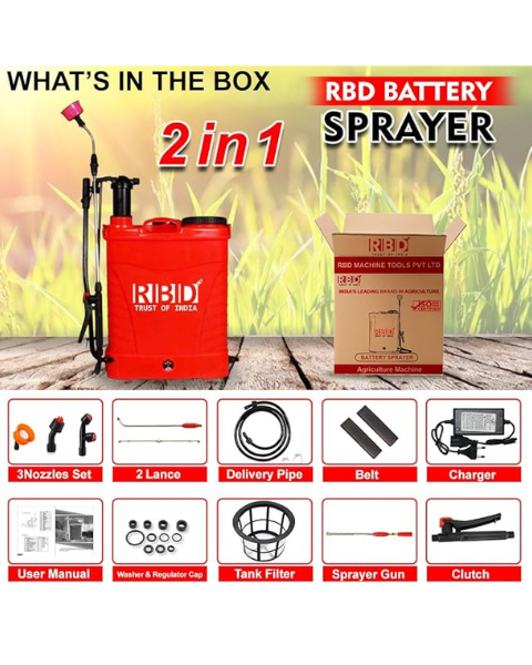 RBD 20L 2-in-1 Battery Sprayer | Manual & Battery Use, 12V 8Ah Battery & 3 Nozzles for Farming