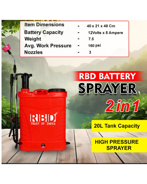 RBD 20L 2-in-1 Battery Sprayer | Manual & Battery Use, 12V 8Ah Battery & 3 Nozzles for Farming