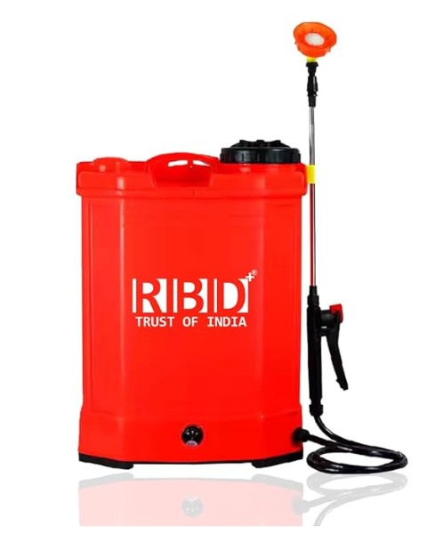 Red RBD Trust of India knapsack agricultural sprayer with wand and nozzle, isolated on a white background.
