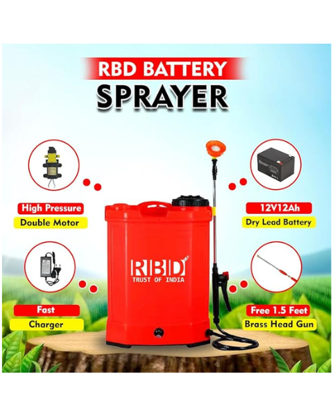 Product infographic for RBD battery sprayer highlighting features like double motor, 12V battery, and charger.