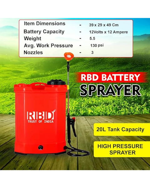 Infographic showing RBD battery sprayer specifications like 20L tank capacity and 130 psi work pressure over a field.