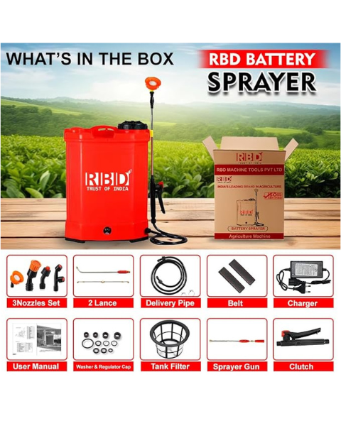 Infographic of the RBD battery sprayer showing what is in the box, including nozzles, charger, and delivery pipe.