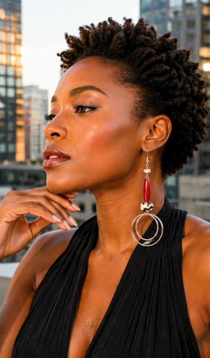 Red Beaded Double-Hoop Artisan Drop Earrings