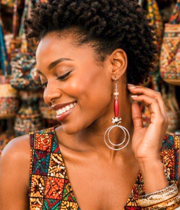 Red Beaded Double-Hoop Artisan Drop Earrings