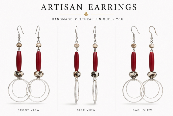 Red Beaded Double-Hoop Artisan Drop Earrings