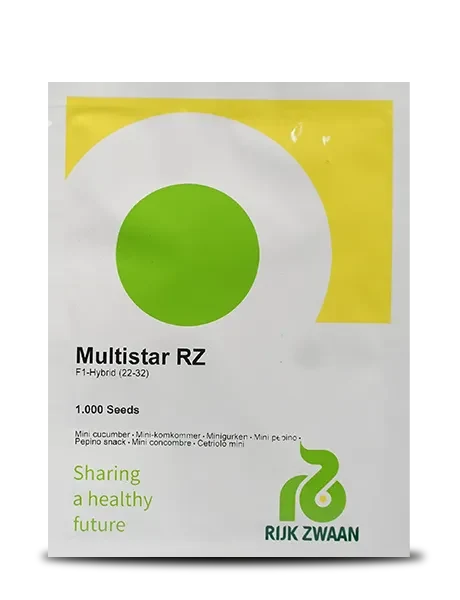 Rijk Zwaan Multistar RZ F1-Hybrid mini cucumber seed packet with green and yellow graphics, labeled "1.000 Seeds" and "Sharing a healthy future."