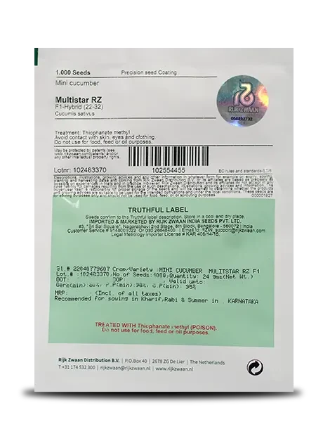 Rijk Zwaan Multistar RZ F1 Mini Cucumber seed packet with 1,000 seeds, holographic seal, and "Truthful Label" for sowing in Karnataka.