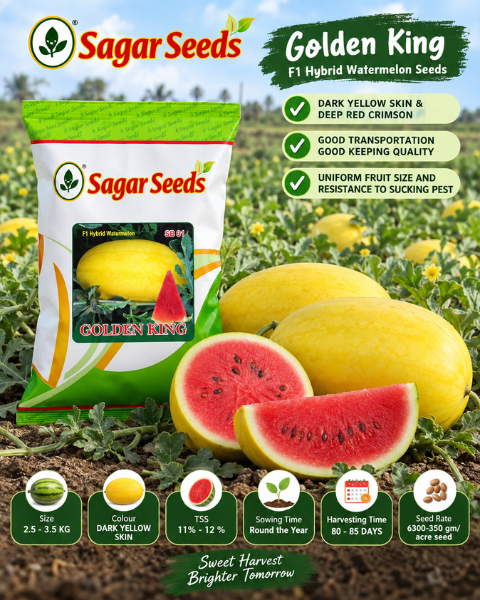 Sagar Golden King F1 Watermelon Seeds- Dark Yellow Skin, Deep Red Flesh, Crisp, Sweet