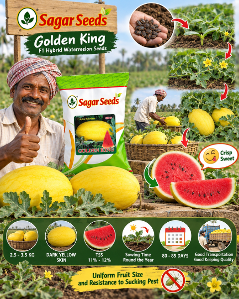 Sagar Golden King F1 Watermelon Seeds- Dark Yellow Skin, Deep Red Flesh, Crisp, Sweet