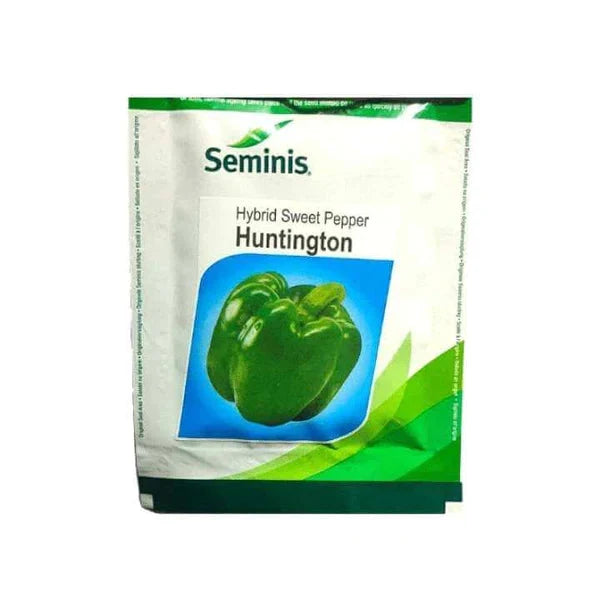 Seminis Hybrid Sweet Pepper “Huntington” seeds pack, featuring green capsicum image on white and green packaging.