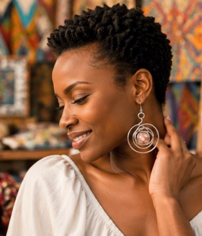 Silver Spiral Statement Earrings with Blush Accent Beads