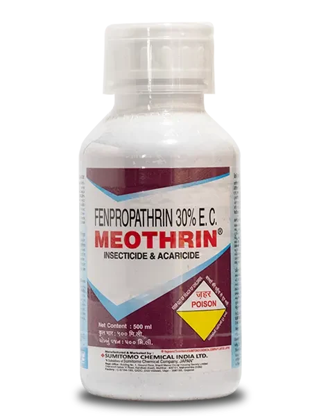 Sumitomo Meothrin Insecticide bottle contains Fenpropathrin 30% EC and is 500 ml in size, showing manufacturer details.