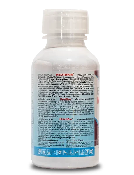 Label on Sumitomo Meothrin Insecticide bottle showing Meothrin Insecticide technical name and general information details in English and Hindi.
