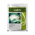 Syngenta Cauliflower Lucky seed packet featuring an image of a fresh cauliflower head surrounded by green leaves.