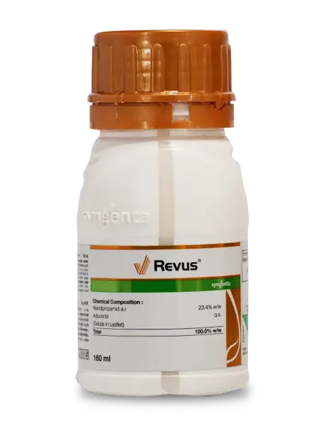 Syngenta Revus systemic fungicide packaging, white bottle with orange cap, 160 ml agricultural protection product.
