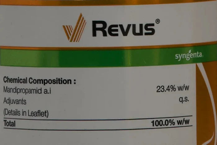 Chemical composition of Syngenta Revus Fungicide showing Mandipropamid 23.4% w/w for effective plant disease control.