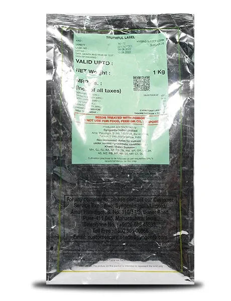 Back label of Syngenta Sugar 75 sweet corn seed pack displaying sowing instructions, spacing, and crop guidelines.
