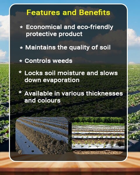 Infographic listing mulch film features and benefits like weed control, with two small farm images at the bottom.