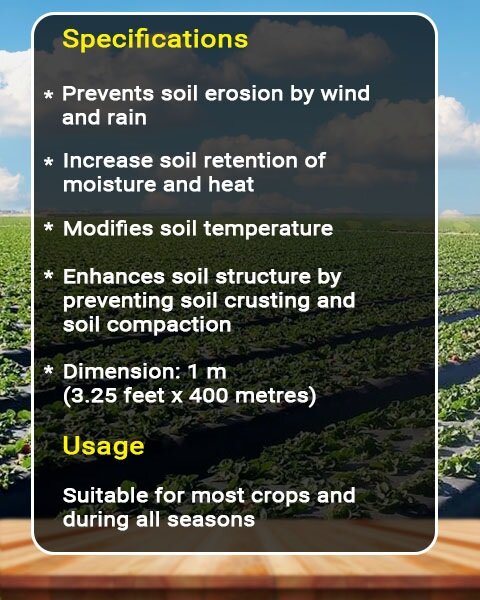 Infographic showing mulch film specifications like soil erosion prevention and dimensions over a crop field backdrop.