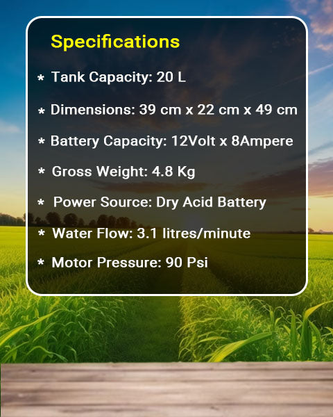 Image showing specification of AgroHaat Tapas Pahalwaan 101 Single Motor Battery Sprayer.