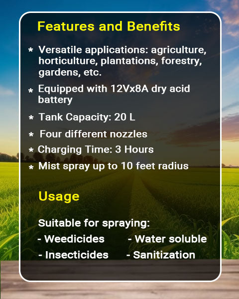Image showing benefits and usage of Tapas Pahalwaan 101 Single Motor Battery Operated Sprayer.