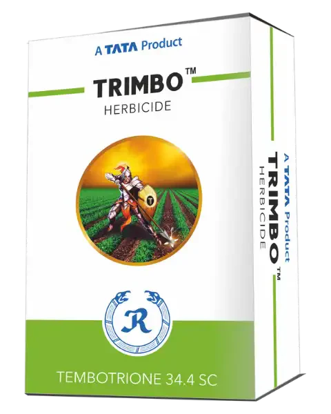 A TATA Product Trimbo Herbicide box featuring Tembotrione 34.4 SC chemical formulation and a warrior emblem.