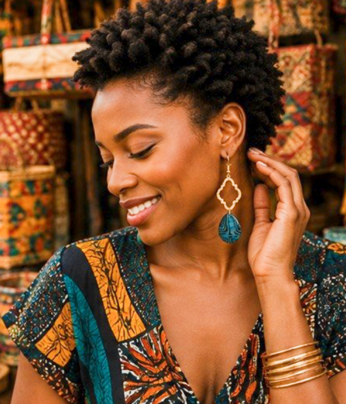 Teal & Gold Geometric Artisan Drop Earrings