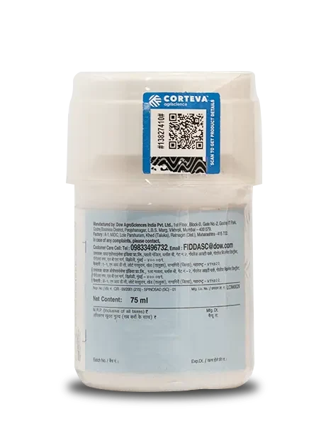 Corteva Tracer Insecticide bottle label showing manufacturer details with net content of the bottle