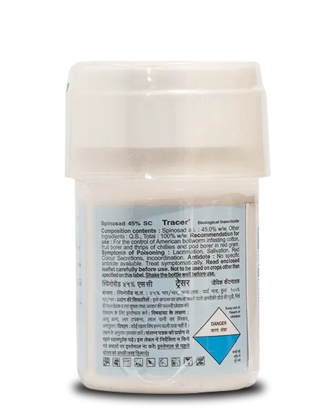 Corteva Tracer Insecticide bottle label showing chemical compositions and general information details in english and hindi.