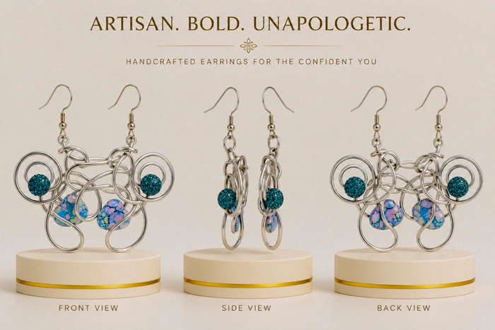 Turquoise Beaded Sculptural Wire Statement Earrings