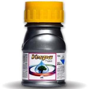 Vespa Fungicide bottle with yellow cap, a systemic solution for controlling fungal diseases in agricultural crops.
