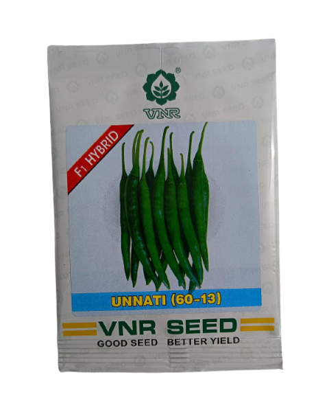 VNR Unnati 60-13 F1 Hybrid green chilli seeds packet for high yield chilli cultivation and healthy crop growth