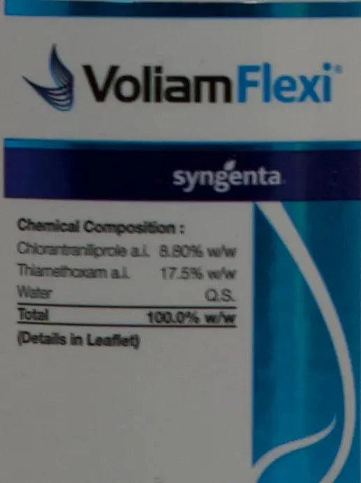 Label on Voliam Flexi Insecticide bottle showing chemical composition details.