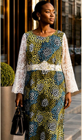 Women’s African Print Lace-Sleeve Midi Dress