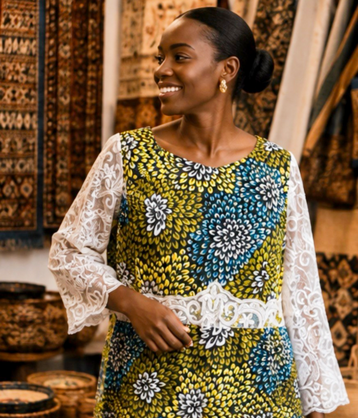 Women’s African Print Lace-Sleeve Midi Dress
