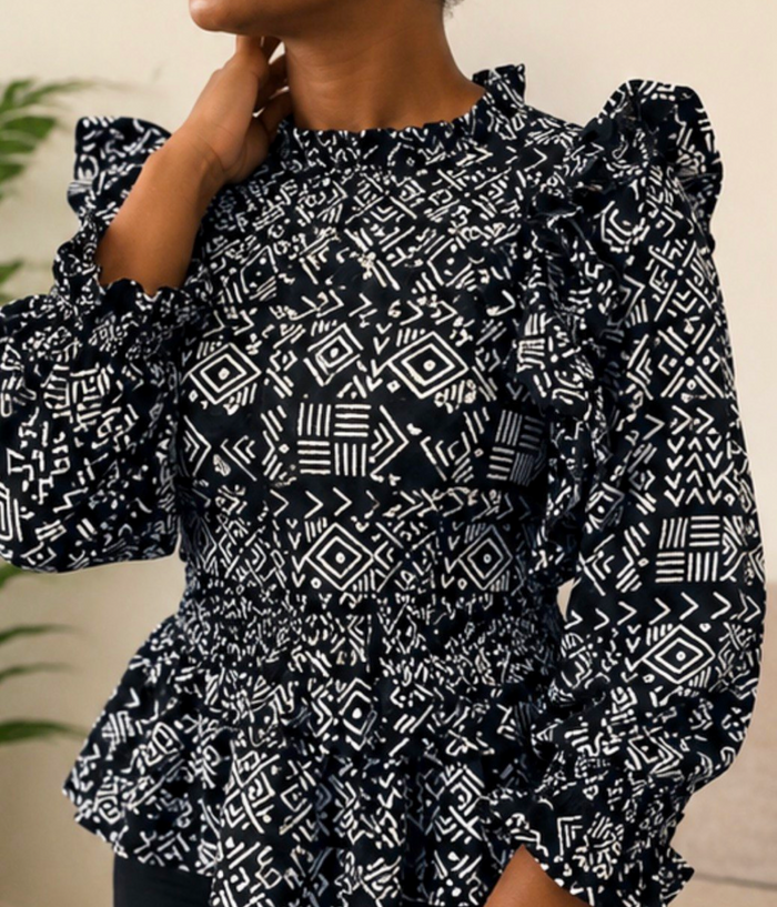 Women’s Black & White African Print Ruffle Blouse