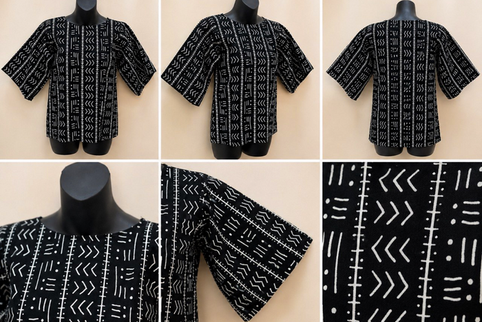 Women’s Black & White Mud Cloth Print Bell-Sleeve Top