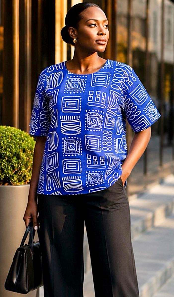 Women’s Royal Blue African Print Short-Sleeve Top