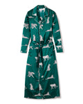 The Womens Silk Long Robe in Panthère de Luxe by Petite Plume is made from mulberry silk with a white panther print. It features a shawl collar, long sleeves, a matching belt at the waist, and elegant edges highlighted by contrasting white piping.
